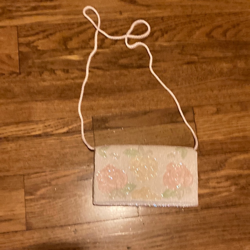 Carolyne Barton White Beaded Purse with Pastel Beaded Roses